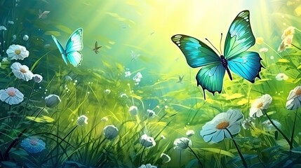 Fototapeta na wymiar Whimsical Dance of Vibrant Butterflies in a Lush Meadow: Nature's Serene Symphony - Generative AI