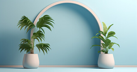 plant stand mock up on a blue background with acrylic sphere wall