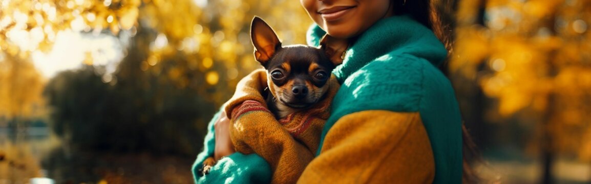 AI generated illustration of a young girl hugging a chihuahua in autumn