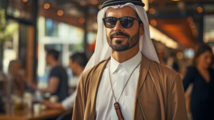 Middle-eastern Arab man travelling through an urban business district while dressed in traditional Emirati garb, the kandora.. - obrazy, fototapety, plakaty