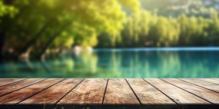 The empty wooden table top with blur background of Plitvice lakes. Exuberant image. generative ai