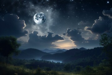 A stunning nocturnal scene featuring a starry sky adorned with a moon and clouds. Generative AI