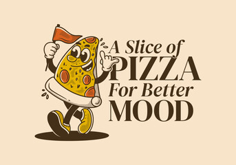 A slice of pizza for better mood. Mascot character illustration of walking pizza, holding a flag