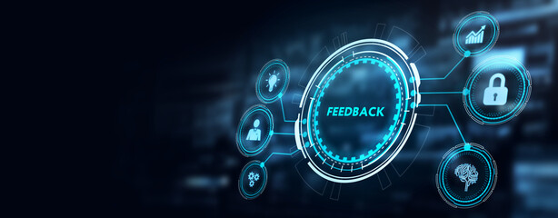 Feedback concept, user comment rating of company online, writing review diagram, reputation management. 3d illustration - obrazy, fototapety, plakaty