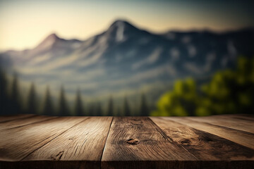 Outdoor wooden table on blur natural mountain landscape background. Flawless generative ai