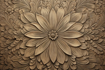 Vintage floral base relief of central flower on plaster, surface material texture