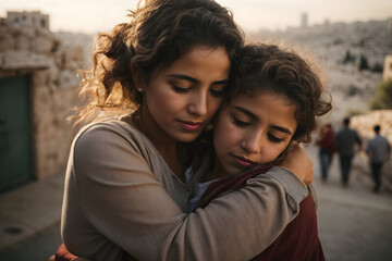 mother and daughter suffering of war - stop war