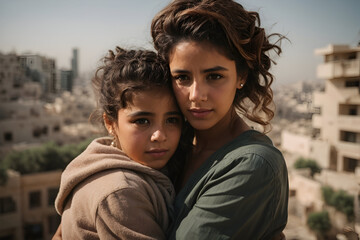 Fototapeta premium mother and daughter middle of war - stop war