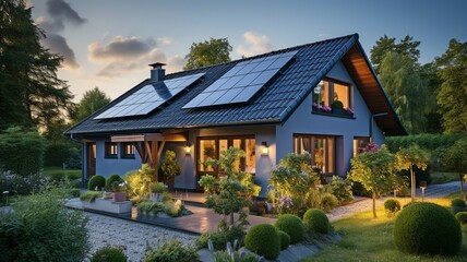Using the photovoltaic effect, a solar panel system powers the home's electricity needs. a two-story house seen from above with solar panels on the roof, . - obrazy, fototapety, plakaty
