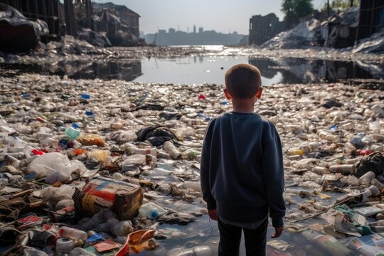 A child stands and looks at the huge amount of plastic trash in the water.