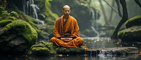 Buddha sitting in meditation on a rock by a waterfall in the wild.