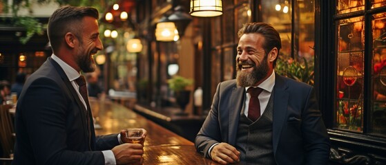 men in vintage suits conversing or discussing anything in the restaurant,. - obrazy, fototapety, plakaty