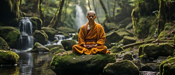 Buddha sitting in meditation on a rock by a waterfall in the wild.