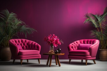 Elegant viva magenta wall background mockup with two armchair furniture and decor accessories, creating a vibrant and luxurious setting
