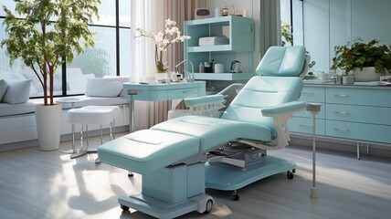 Modern cosmetics tools for skincare rejuvenation treatments and a salon chair are inside a beautician's cabinet..