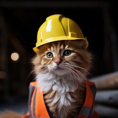 A cat in a construction helmet