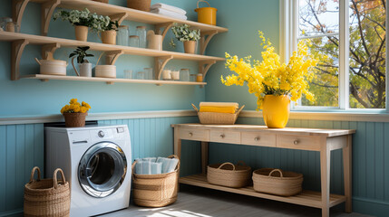 Bright and cheerful laundry room with a folding station