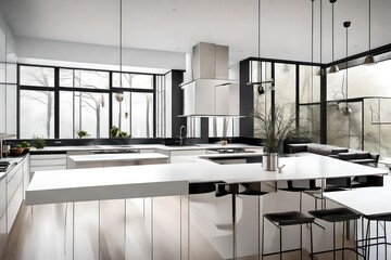 A minimalist open-plan kitchen with white cabinets, black countertops, and a stainless steel backsplash