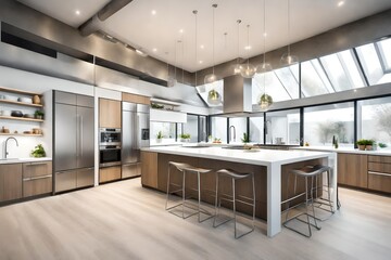 A modern and spacious open-plan kitchen with a large island, stainless steel appliances, and plenty of natural light-