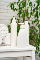 Fototapeta na wymiar Liquid detergents containers on shelf in a bathroom