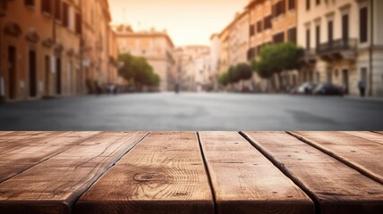 The empty wooden table top with blur background of Rome street. Exuberant image. generative AI