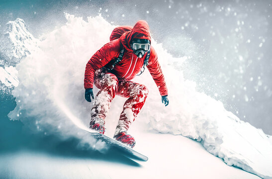 A snowboarder descending from a snow-covered mountain slope. Generative AI	