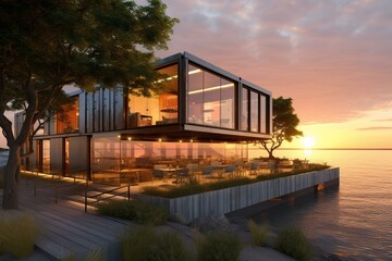 Sustainable remake of container box into modern restaurant, office, or house with a contemporary design, blending with nature and seascape background. Generative AI - obrazy, fototapety, plakaty