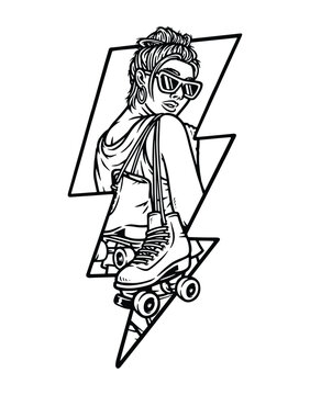recommend clip art: woman carrying roller skates line illustration