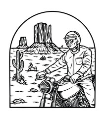 ride a motorbike into the desert line illustration