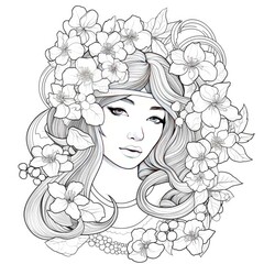 A girl on a coloring book page with Jasmine flowers.