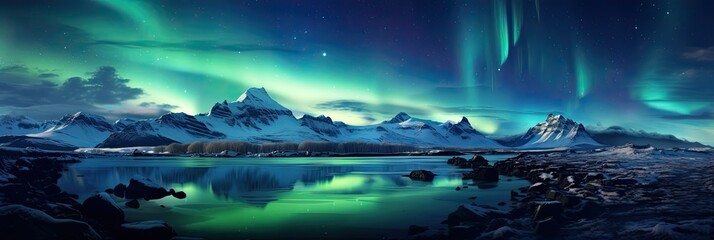Aurora borealis above snow-covered mountains