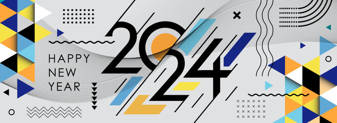 happy new year 2024 cover with modern geometric abstract background in retro style. happy new year greeting card banner design for 2024 calligraphy includes blue yellow shapes. Vector illustration