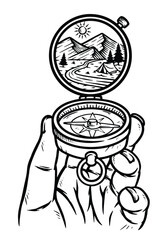beautiful mountain view in compass line illustration