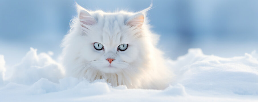 Furry white cat in the snow