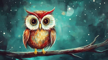 Gordijnen christmas cute owl under a starry night © Kei