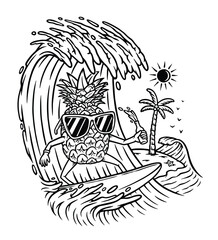 Pineapple is surfing in the sea line illustration
