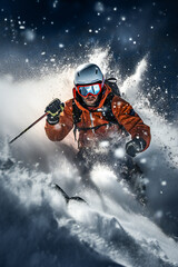 A man snow skiing in a winter snowy landscape - obrazy, fototapety, plakaty