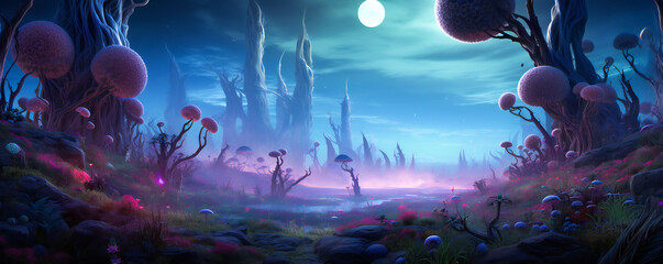 Fototapeta premium Fabulous trees and plants on an alien planet in twilight