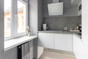 Bright kitchen interior in modern apartment for rent, sale and blogging.