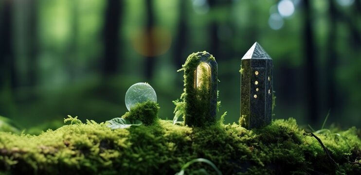 Crystals with moon phases image of moss in a mysterious forest, natural background.