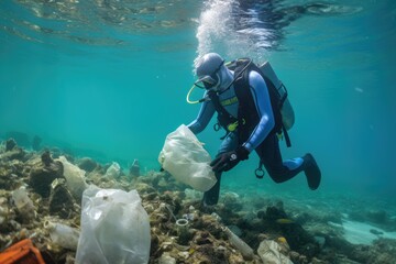 Close-up of a diver aquanaut collecting plastic bottles on the ocean, Environment Problem.
