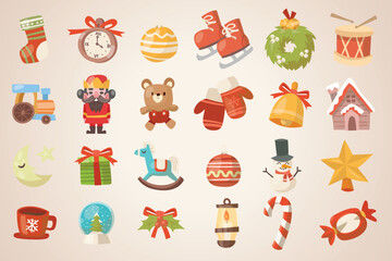 
 Link ×Title:
Christmas Symbols big set. Colorful christmas icons isolated on white transparent background. Traditional Xmas attributes. Vector illustration