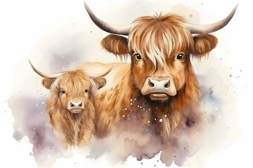 Large brown bovine, yak digital file with separate background, watercolor mother and calf yak for baby celebration. Generative AI