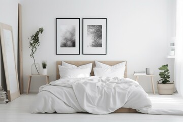 Fototapeta na wymiar Minimalist white bedroom with bedding on bed and two wall posters. Generative AI