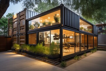 Repurposed sustainable container box transformed into modern garden-inspired restaurant, office, or house. Generative AI