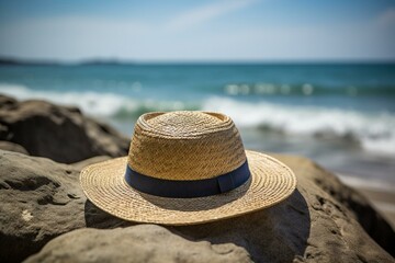 Fototapeta na wymiar Beach straw hat near ocean. Generative AI