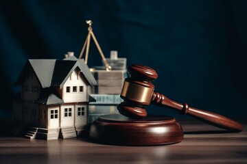 Concept of judicial property auction. Gavel, justice, hammer, house model, real estate law, taxes, profits, investing, home buying, legal education. Generative AI
