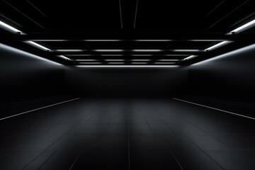 Front view of pitch-black empty room, featuring blank floor for presentation or car backdrop with top LED lamps. Generative AI