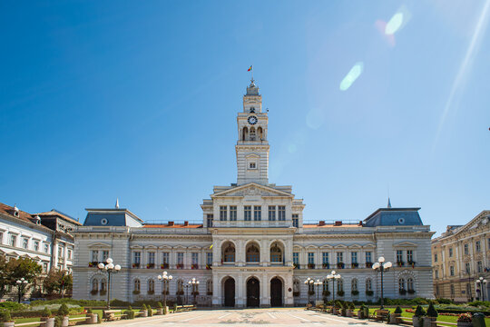02-09-2023 Arad city, Romania. City hall building in downtown. Wide, low-angle view, sunny summer day, no people