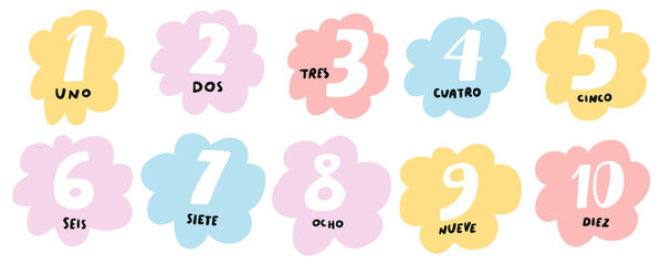 Numbers 1 - 10. Spanish language. Education concept for children. Learn new language. Illustration